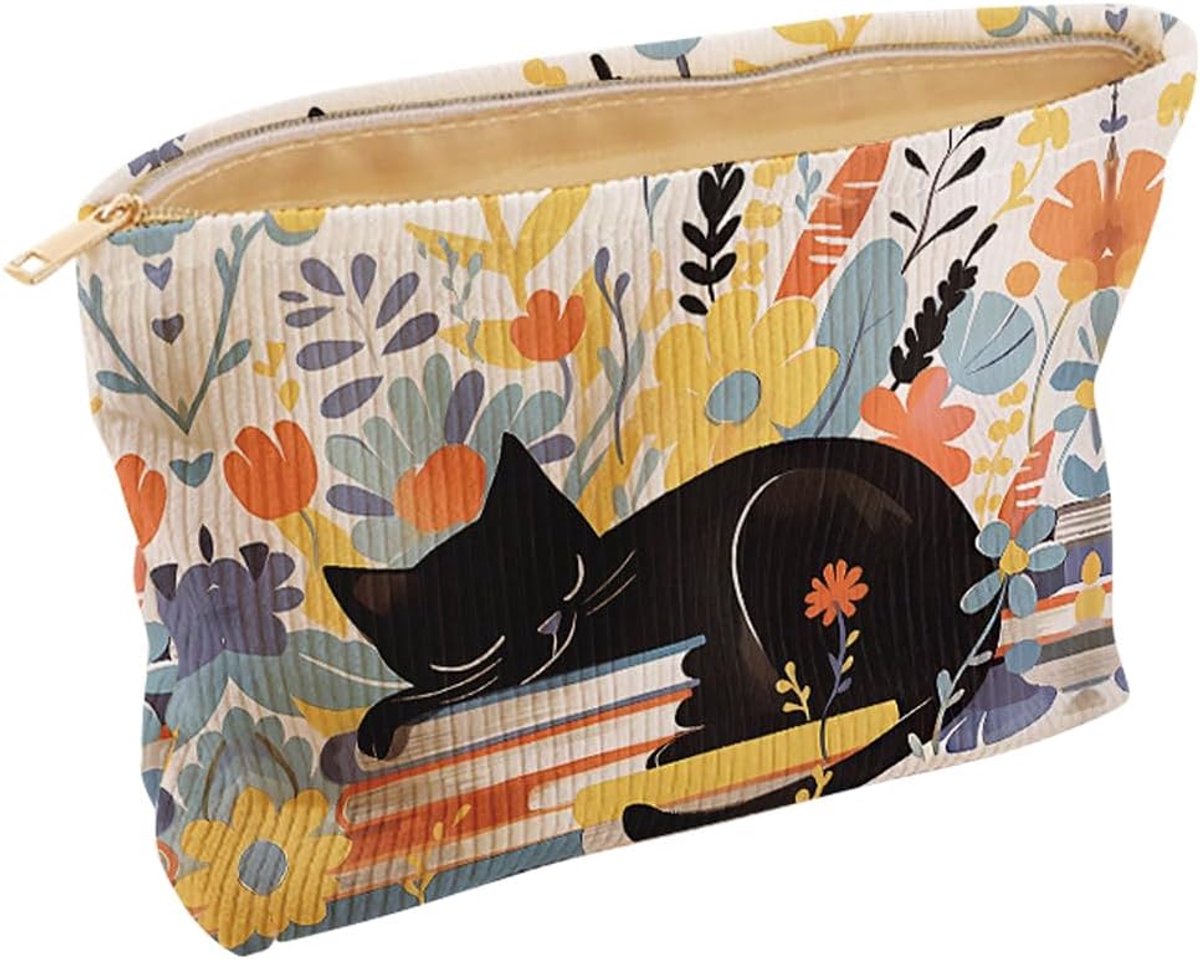 YGCHEN Leuke make-uptas met bloemen- en kattenmotief, grote opbergtas voor cosmetica, in vrolijk lentedesign, corduroy - ShopVlot
