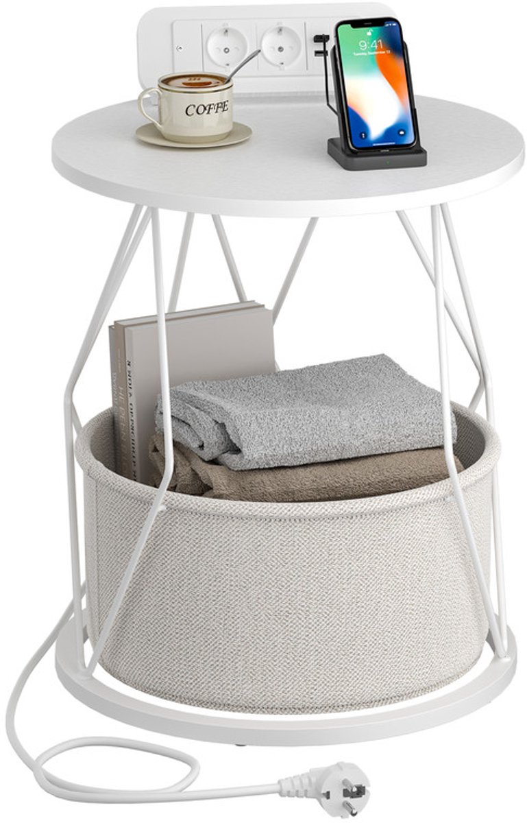 Hzuaneri Bijzettafel rond, kleine tafel, bijzettafel met laadstation en opbergmand, woonkamertafel, salontafel, nachtkastje voor banken, woonkamer, slaapkamer, wit