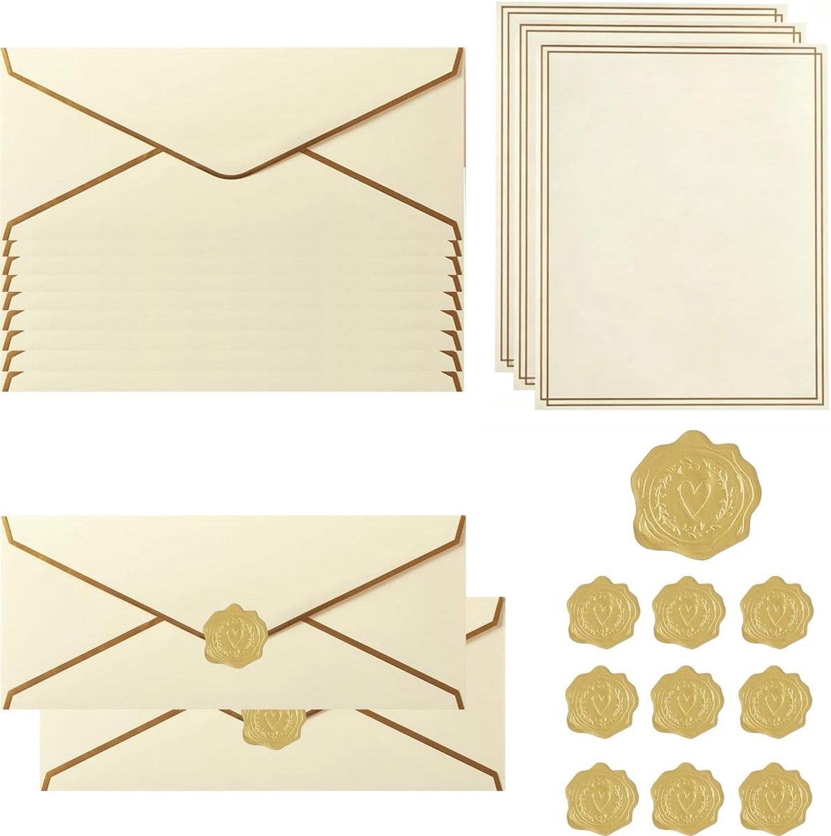 Uitnodigingsenveloppen set van 20 - Beige V-Flap 24,1 x 10,5 cm - Inclusief briefpapier en gouden stickers - ShopVlot