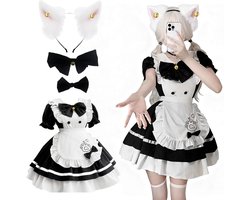 Maid dress zwart-wit - schattige kat Franse maid outfit - met schort en haarband - perfect voor Halloween - ShopVlot