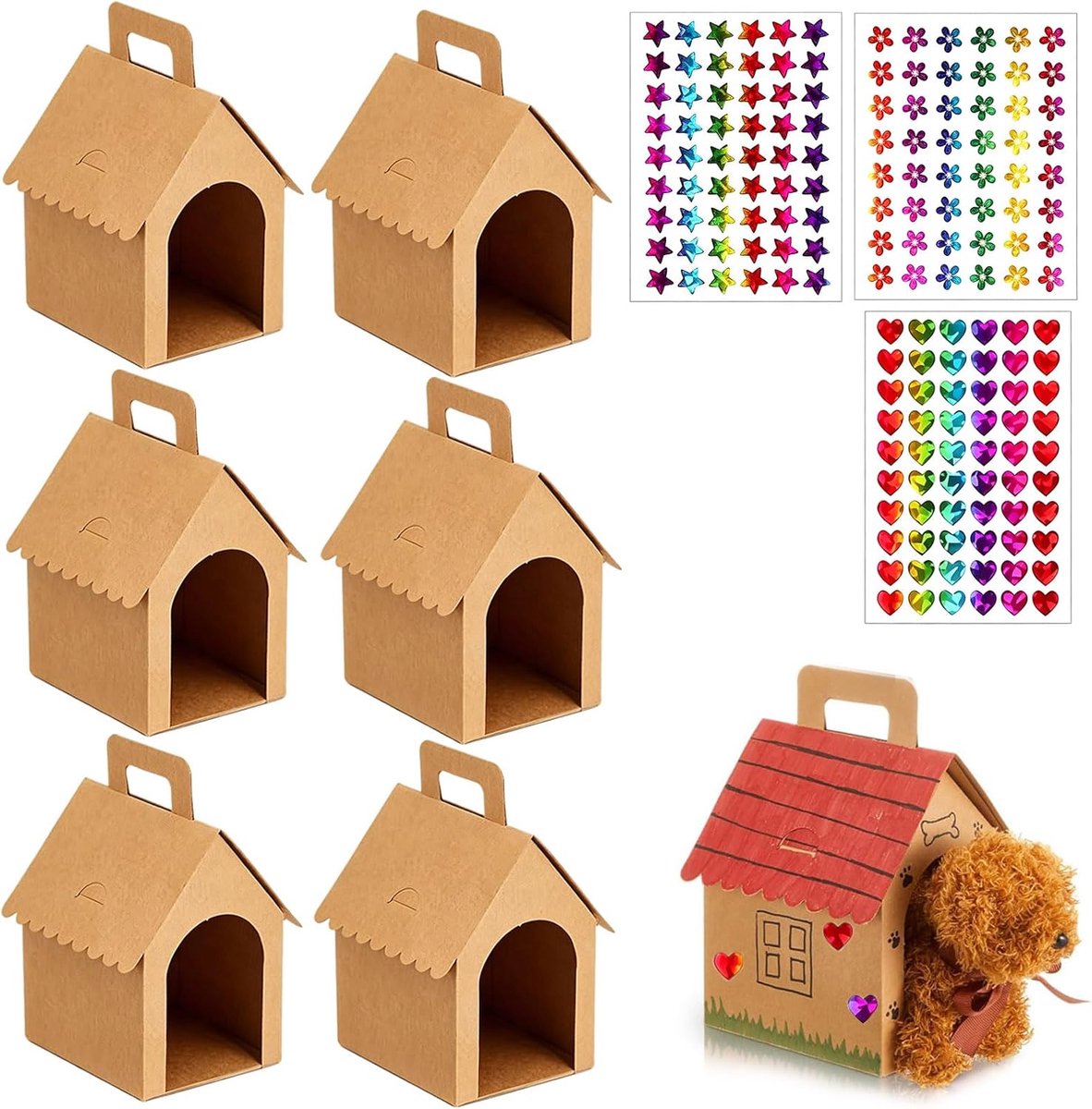 Geschenkdozen puppy party - huisvorm - bruin kraftpapier - creatief knutselen - ShopVlot