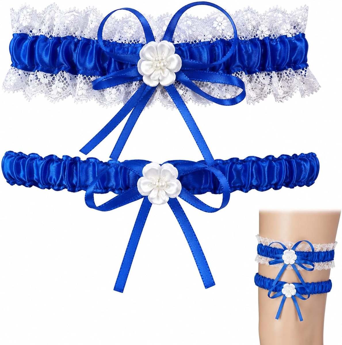 Bruidsjarretels set van 2 - blauwe kanten kousenband - strikdesign - perfect cadeau voor bruid - ShopVlot