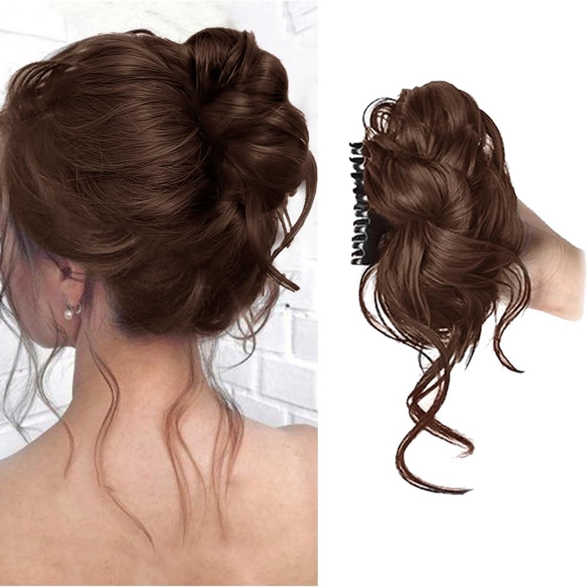 Ponytail Haarextension Clip - Lichtbruin Synthetisch - Messy Wavy Bun - Natuurlijke Look - ShopVlot