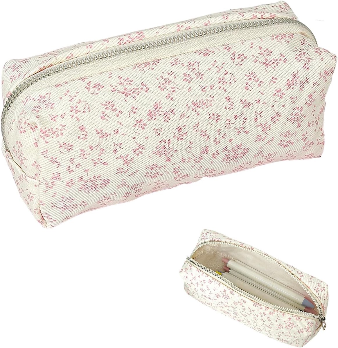 Pennenetui grote capaciteit - roze met bloemenmotief - praktische ritssluiting - ideaal voor school en make-up - ShopVlot