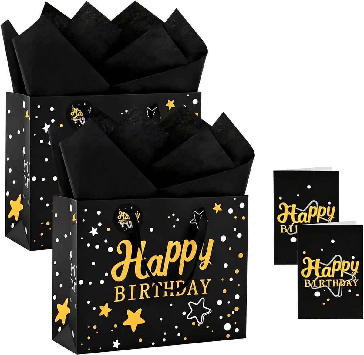 Geschenkzakjes verjaardag set 2 stuks - zwart goud - met kaart - voor feestelijke cadeaus - ShopVlot