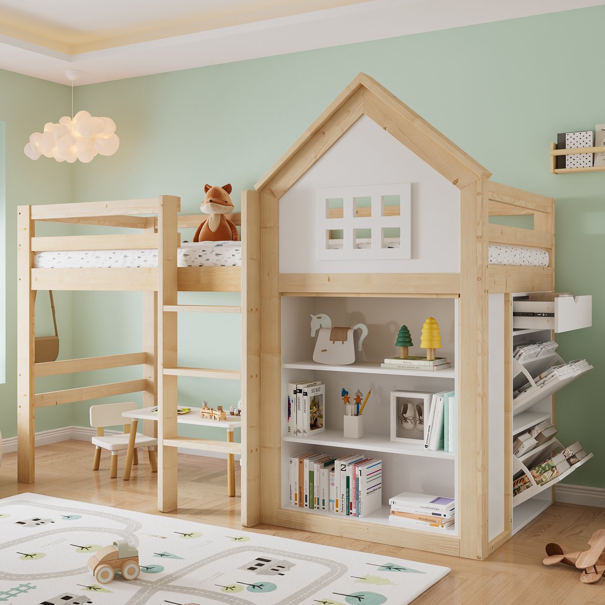 REDOM - Hoogslaper kinderbed - Huisvormig ontwerp met opbergruimte, drie lades, trap en uitvalbeveiliging - Kinderkamer - Hout MDF - Wit en naturel - 90 x 200 cm