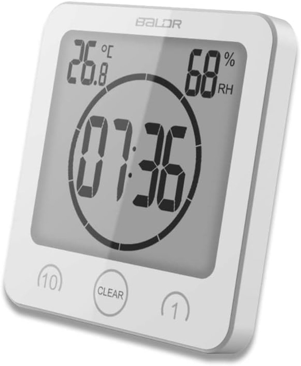 Doucheklok - Wit - Digitaal met Groot Display - Waterdichte Timer met Temperatuur en Luchtvochtigheid - Voor Badkamer en Keuken
