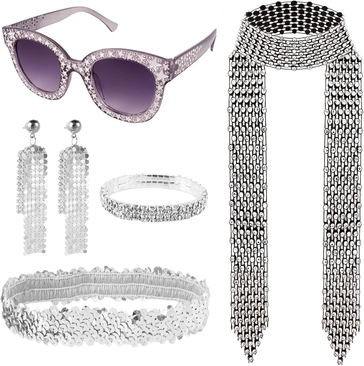 Disco kostuumaccessoires 5 stuks - glinsterende haarbanden - zonnebril en oorbellen - perfect voor carnaval - ShopVlot