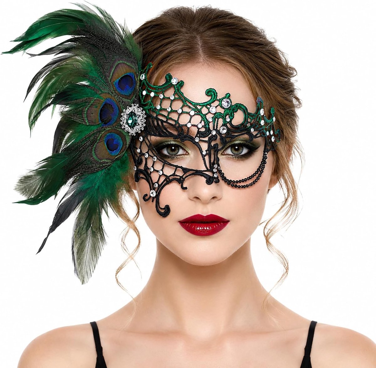 Maskerbalmasker - Kanten masker met veren - Afneembaar - Perfect voor Halloween - ShopVlot