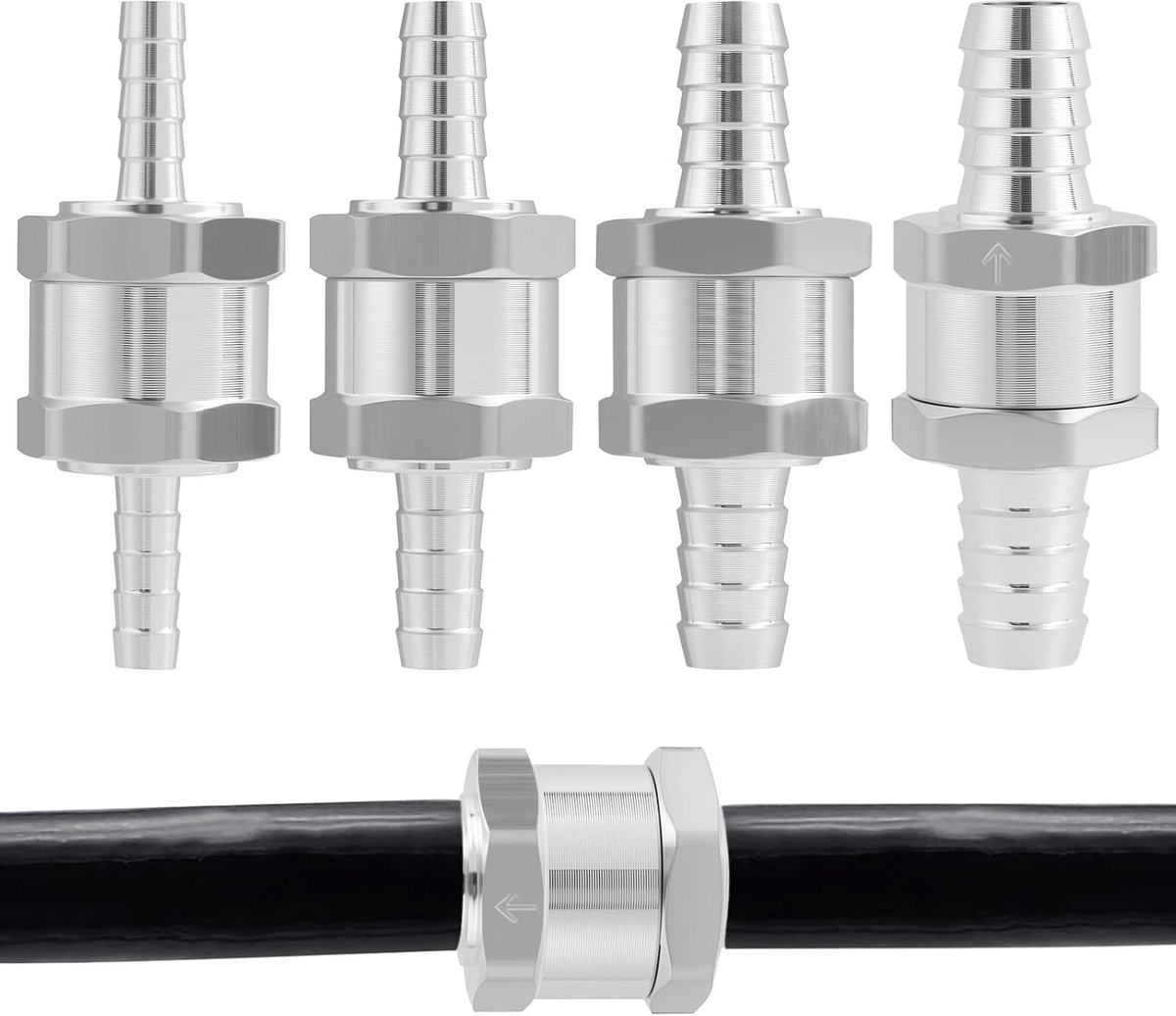 Terugslagkleppen 4-delige set 6mm, 8mm, 10mm, 12mm - aluminium - corrosiebestendig - voorkomt brandstofterugloop - ShopVlot