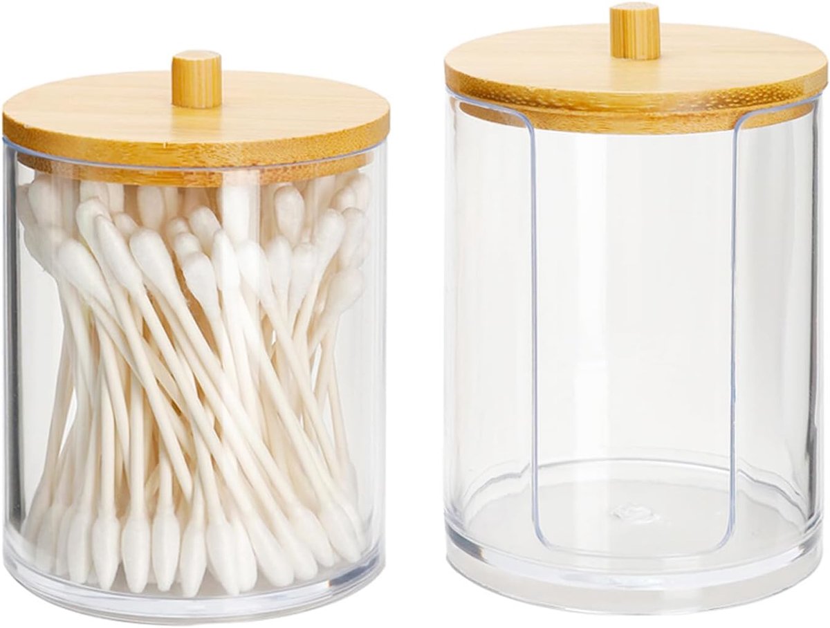 Cotton swab houder en katoenpad dispenser - plastic met bamboe deksel - stapelbaar - handige make-up organizer - ShopVlot
