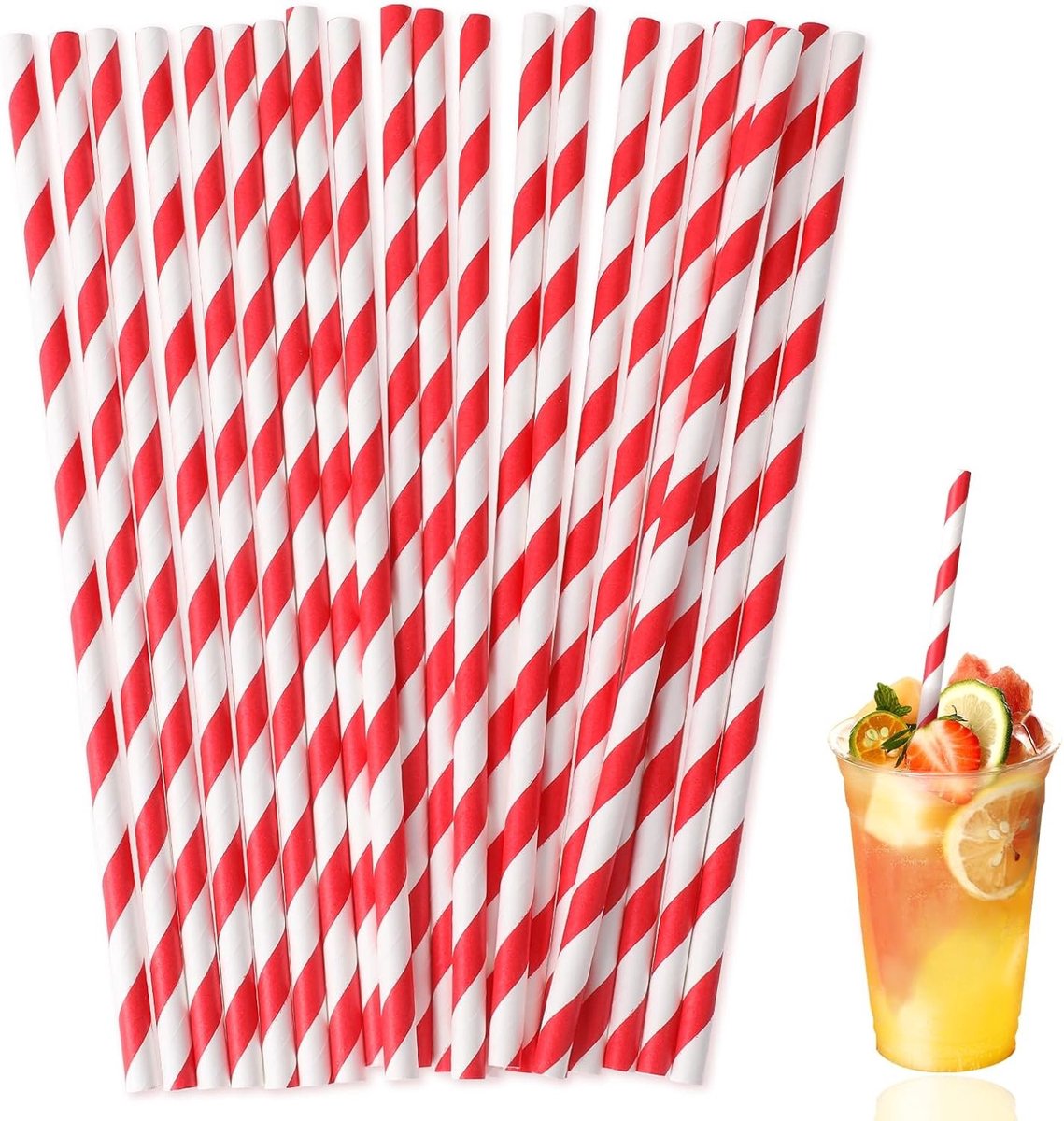 Biologisch afbreekbare papieren rietjes met rode strepen - 100 stuks voor feestjes, kerst en kamperen