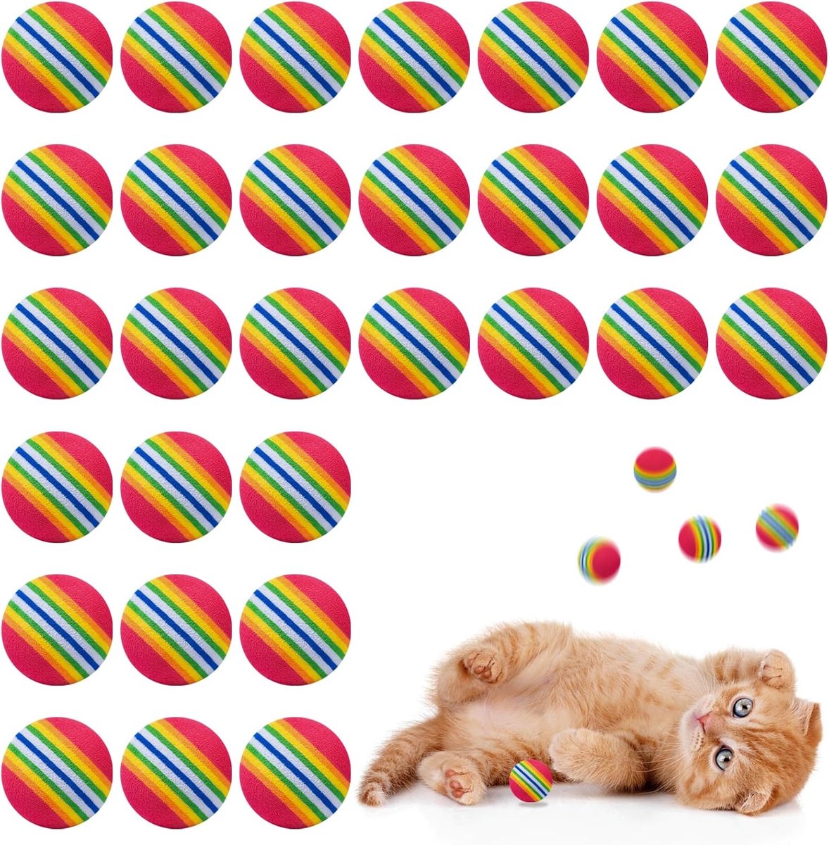 EVA ballen set 30 stuks - 3,5 cm - rood met regenboogstrepen - veilig interactief speelgoed voor katten - ShopVlot
