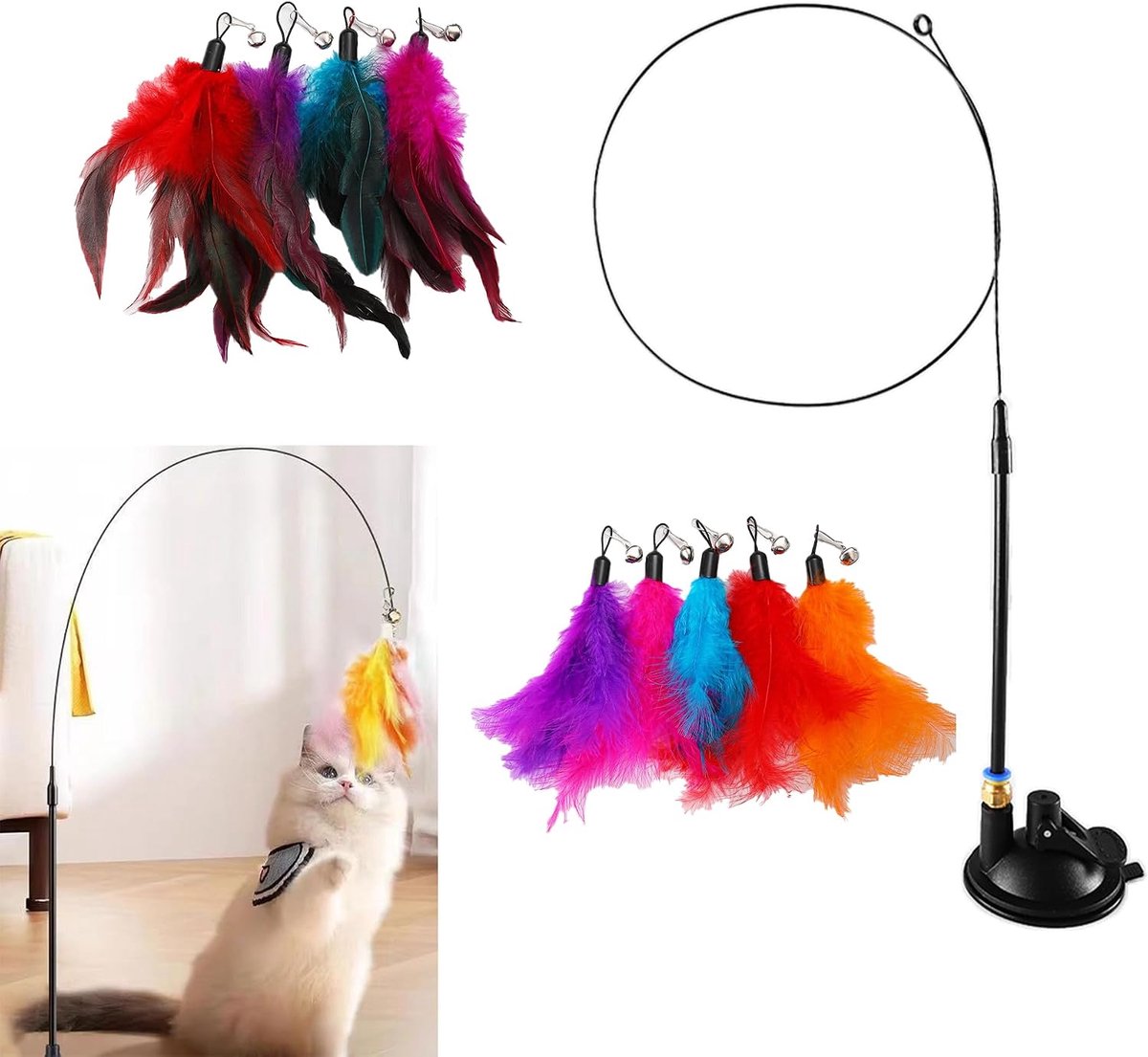 11 Piece Cat Toy Set with Suction Cup, 87.5cm Steel Rod, 5 Colorful Feathers & 4 Multicolored Feathers, with Bell - ShopVlot