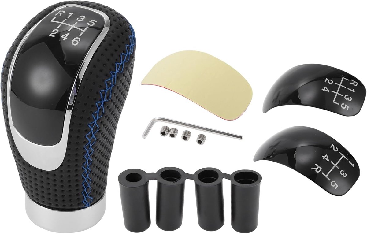 Universal Shift Knob, Gear Knob with 4 Adapters for 6 Speed Gearbox Vehicles, 9.5 cm, PU Leather, Black/Blue, 1 Set - ShopVlot