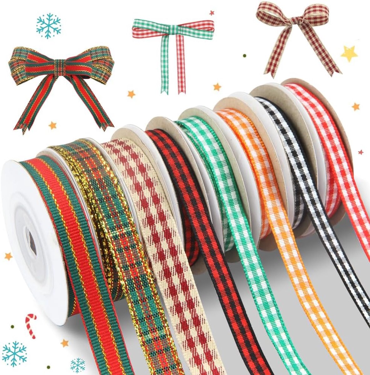 8 rollen 40 yard ginghamlint 0,5 cm x 5 yards/rol kerstlinten buffelgeruite decoratief inpaklint voor het inpakken van - ShopVlot