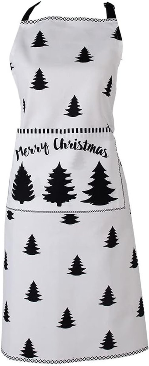 Clayre & Eef Kitchen Apron 70x85cm White Black Cotton Christmas Tree Merry Christmas BBQ Apron, white black - ShopVlot
