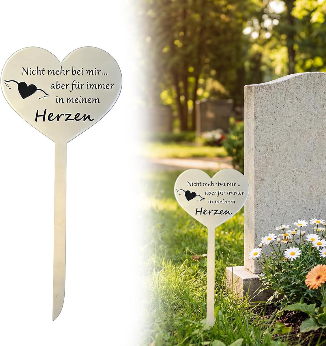 Grafdecoratie weerbestendig grafsteker voor urngraf, roestvrij staal hart grafdecoratie met spreuk Nicht mehr bei - ShopVlot