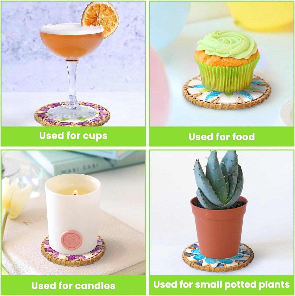Coasters set van 6 - kleurrijke schelp coasters - handgemaakt van riet - bescherm je houten tafel - ShopVlot