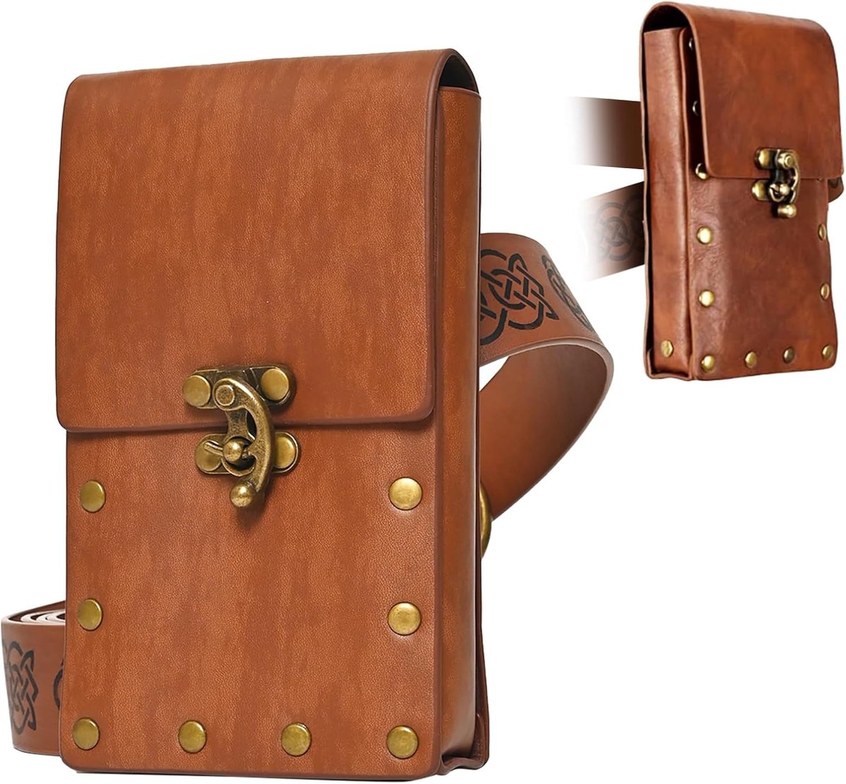 SnelShoppen - Middeleeuwse Pouch Heuptas voor Mannen en Vrouwen, Faux Leer en Canvas voor Viking Kostuum, LARP, Carnaval, Bruin-03, Eenheidsmaat e