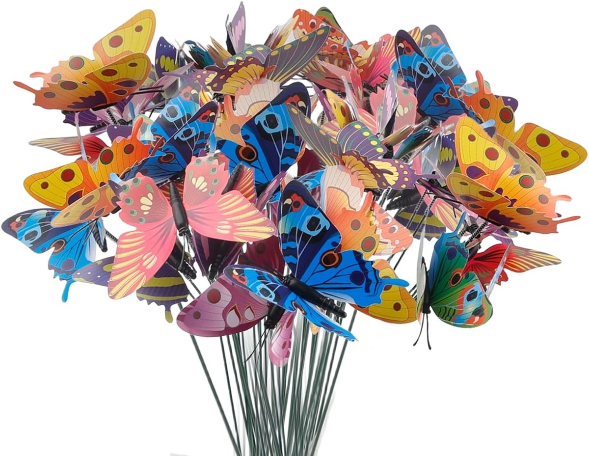 Tuindecoratie vlinders set van 50 - 9 cm breed 25 cm lang - kleurrijke 3D PVC - waterproof en flexibel - ShopVlot