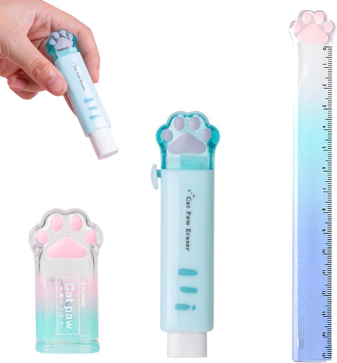 Stationery Set: Puntenslijper met Cartoon Kat Klauw - Blauwe Gum - Liniaal - Perfect voor Studenten - ShopVlot