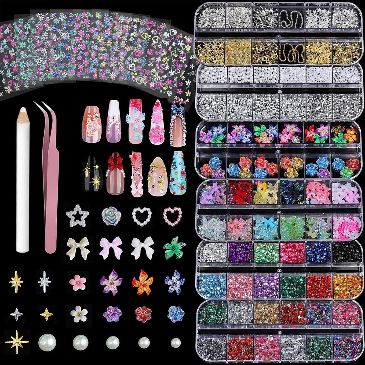 Nail art set - 6 dozen nageldecoraties - met bloemetjesstickers en dotting tool - voor professionele nageldesigns - ShopVlot