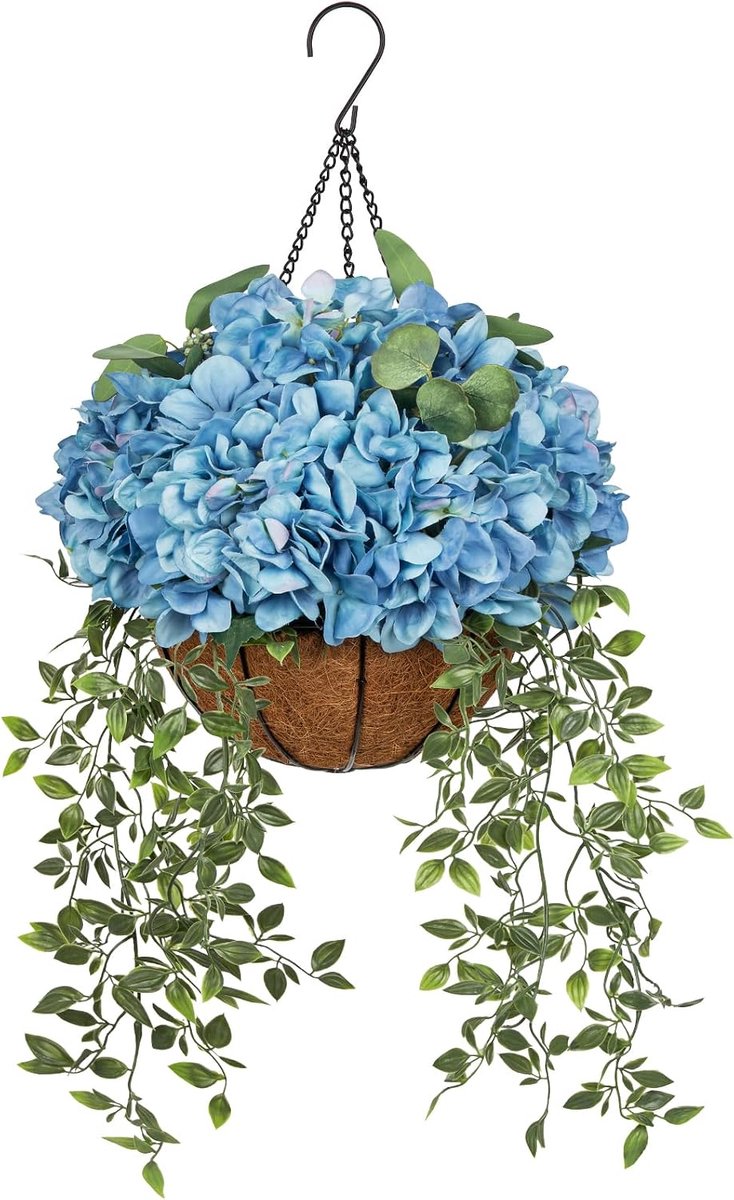 Kunstbloemen hortensia - hangmand van kokosvezel en metaal - weelderige look - decoratie voor binnen en buiten - ShopVlot