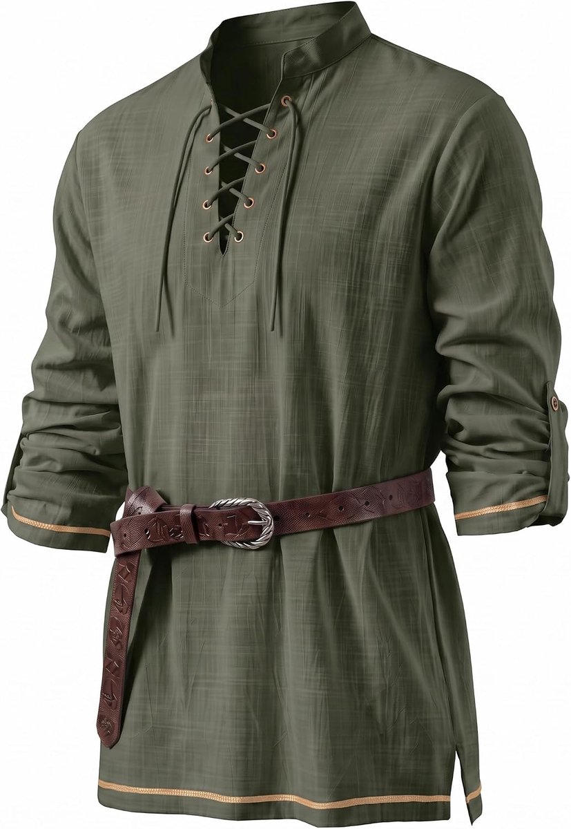 Viking-kostuum heren 3XL - legergroen katoen - veterkraag - perfect voor Halloween - ShopVlot