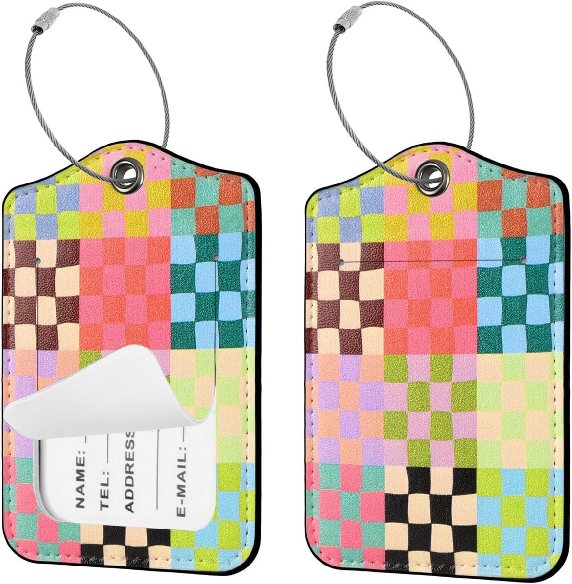 Luggage Tags Set van 2, Schattige Geruite PU Leren Naamlabels met Privacy Cover, Adreskaart en Metalen Ring voor Koffers, Handtassen en Reisaccessoires