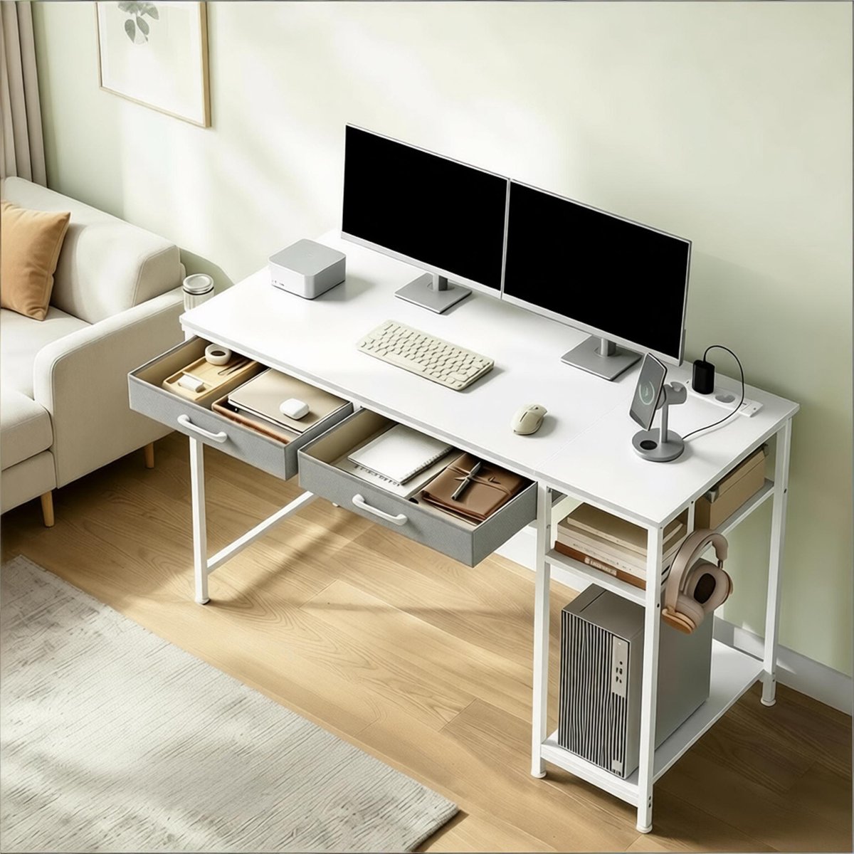 Bureau 120x51x75 cm - Computer Bureau Met 2 Stoflades USB En Stopcontacten - Wit
