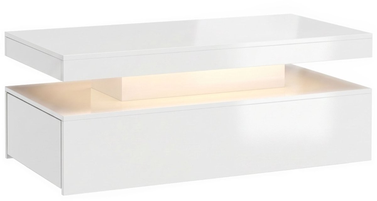 LED Salontafel 100x50x40 cm - 2 Laags Hoogglans Tafel Met 2 Laden, RGB Verlichting - Wit