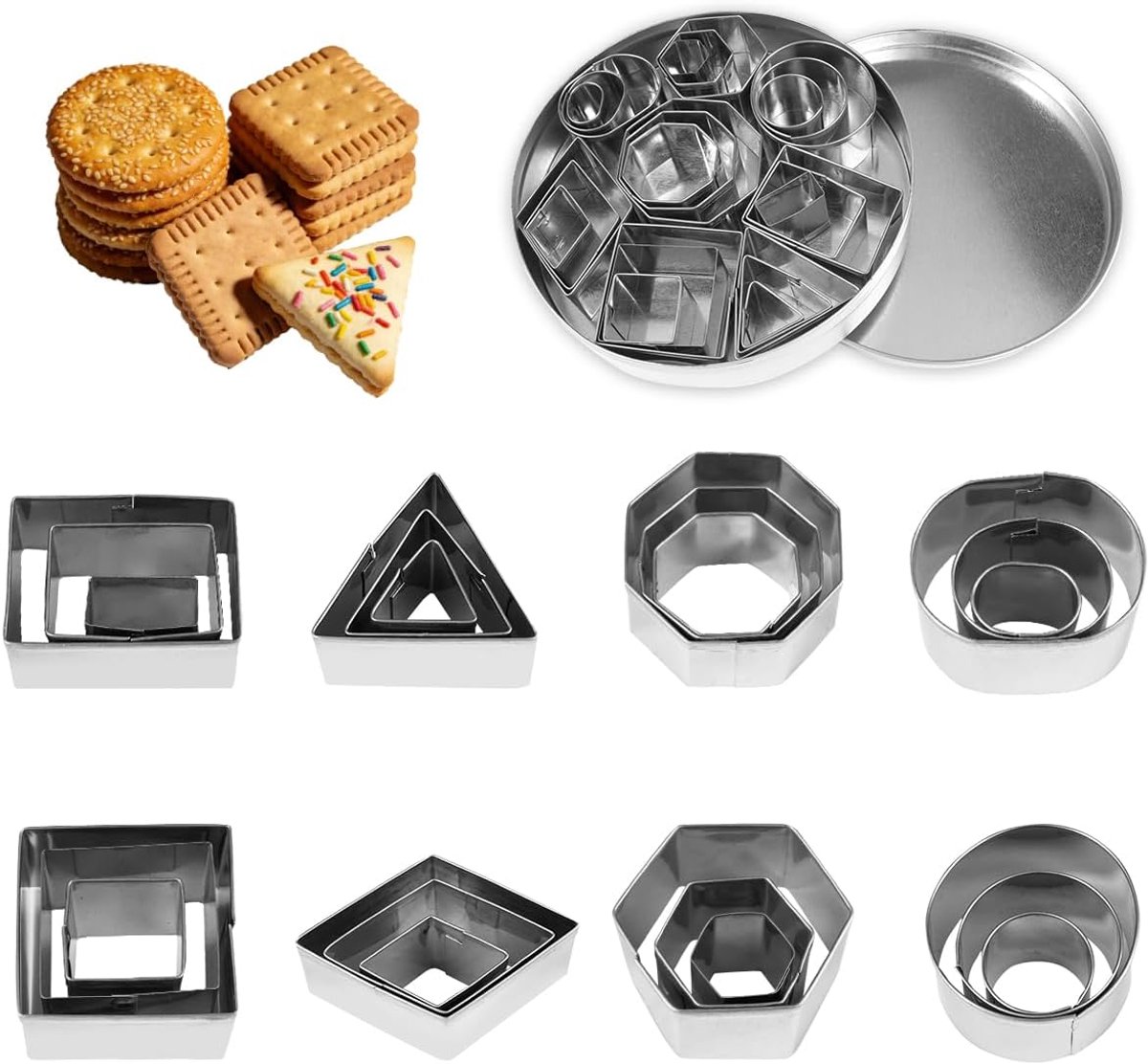 Koekjessnijder 24 Stuks - Mini Roestvrij Staal - Geometrische Vormen - Ideaal voor Taartdecoraties - ShopVlot