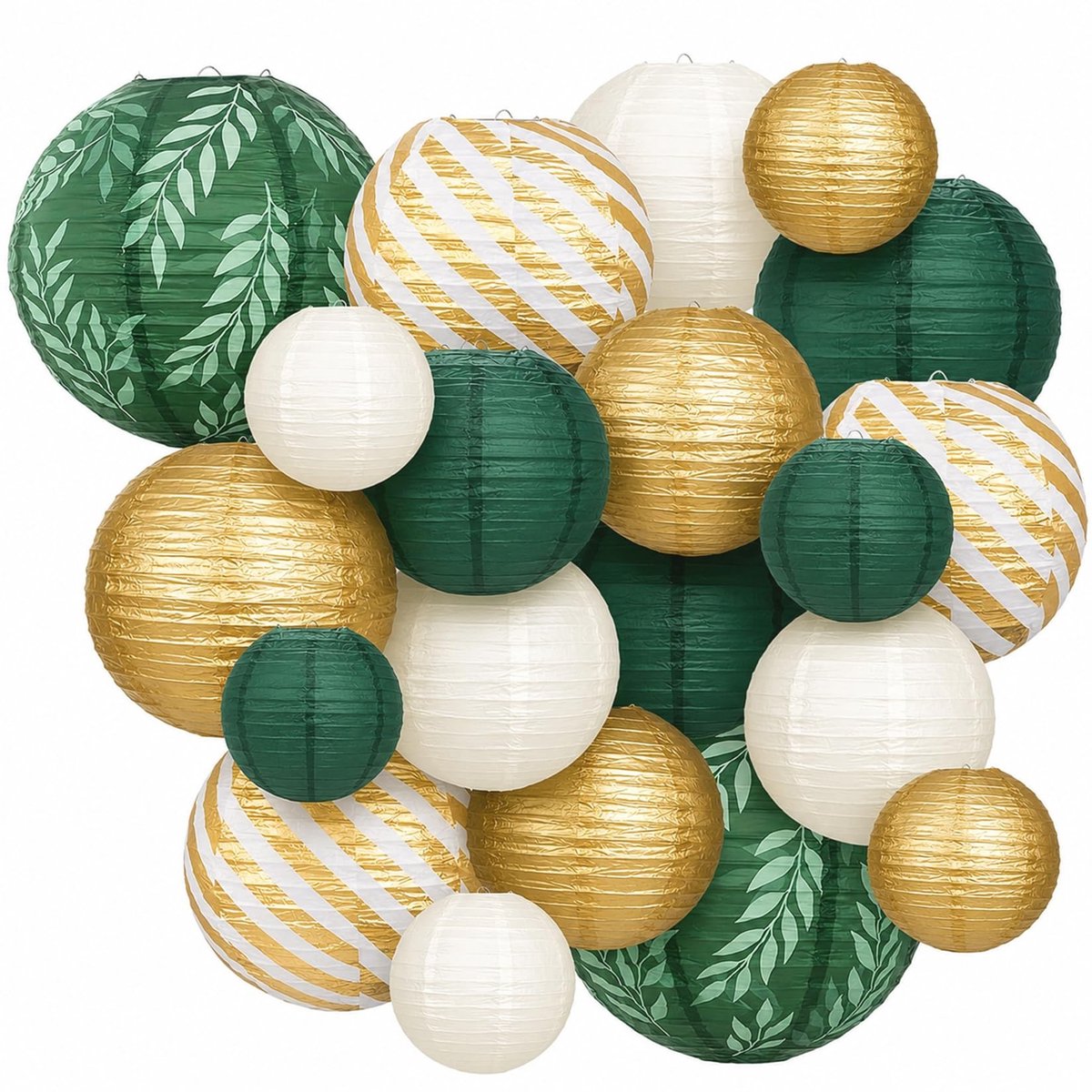 SnelShoppen - Papieren Lantaarns Set 20 Stuks - Herbruikbare Ronde Decoratieve Lantaarns in Saliegroen, Ivoorwit en Goud - Voor Bruiloft, Verjaardag e