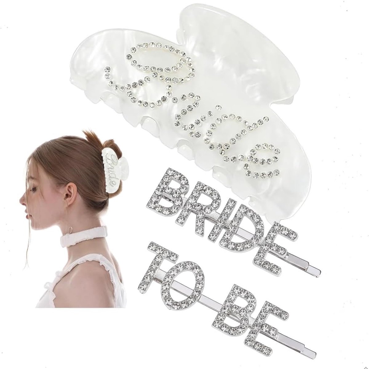 Haarclip set bruid - witte acryl klauw clip - strass bobby pinnen - perfect voor vrijgezellenfeesten - ShopVlot