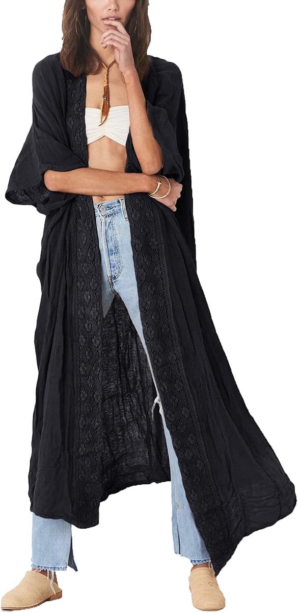 Kimono Dames Lange Bloemen Dressing Gown - Zwart - Plus Size - Ideaal voor Strand en Zwembad - ShopVlot