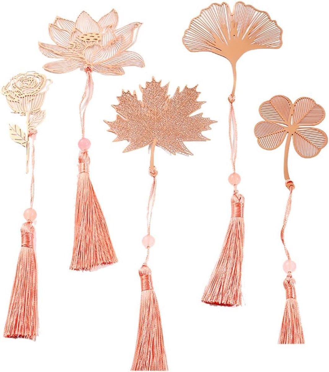 Metaal boekenleggers set van 5 - Roze goud met tassel - Unieke vormen voor boekenliefhebbers - ShopVlot