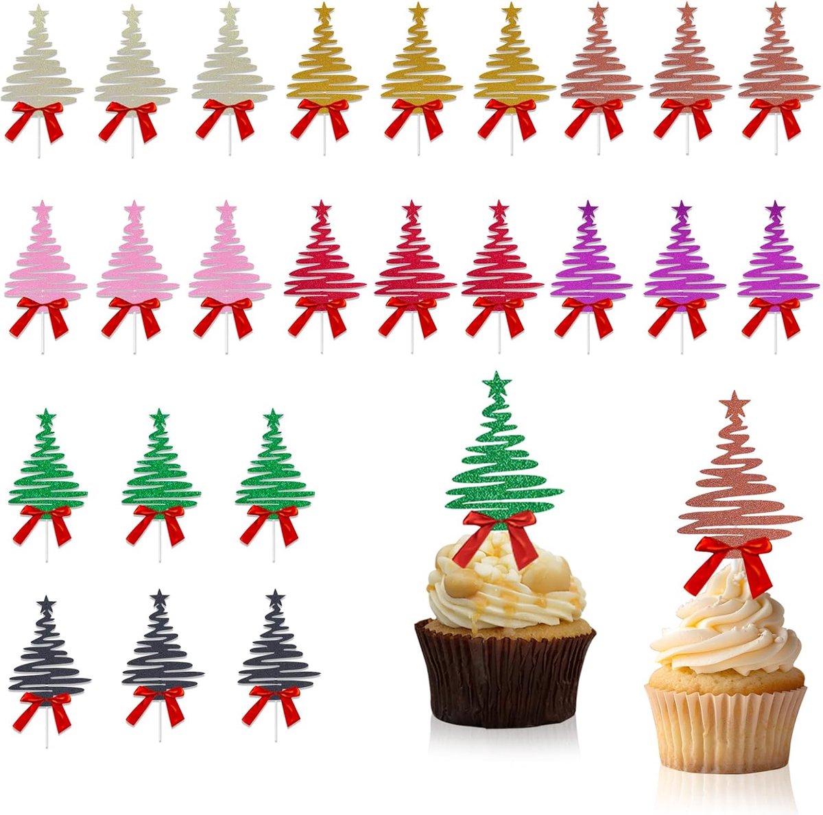 Pack of 24 Christmas Cake Decorations, Christmas Decoration, Shiny Christmas Tree, Cake Decoration, Cupcake Topper - ShopVlot