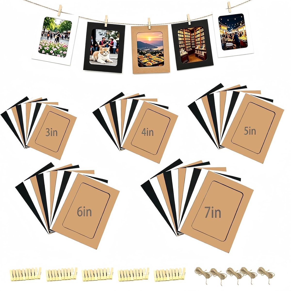 Fotoslinger, set van 50 fotolijnen, wit, zwart en bruin - Fotolijst van karton, met 50 kleine houten klemmen en 5 - ShopVlot