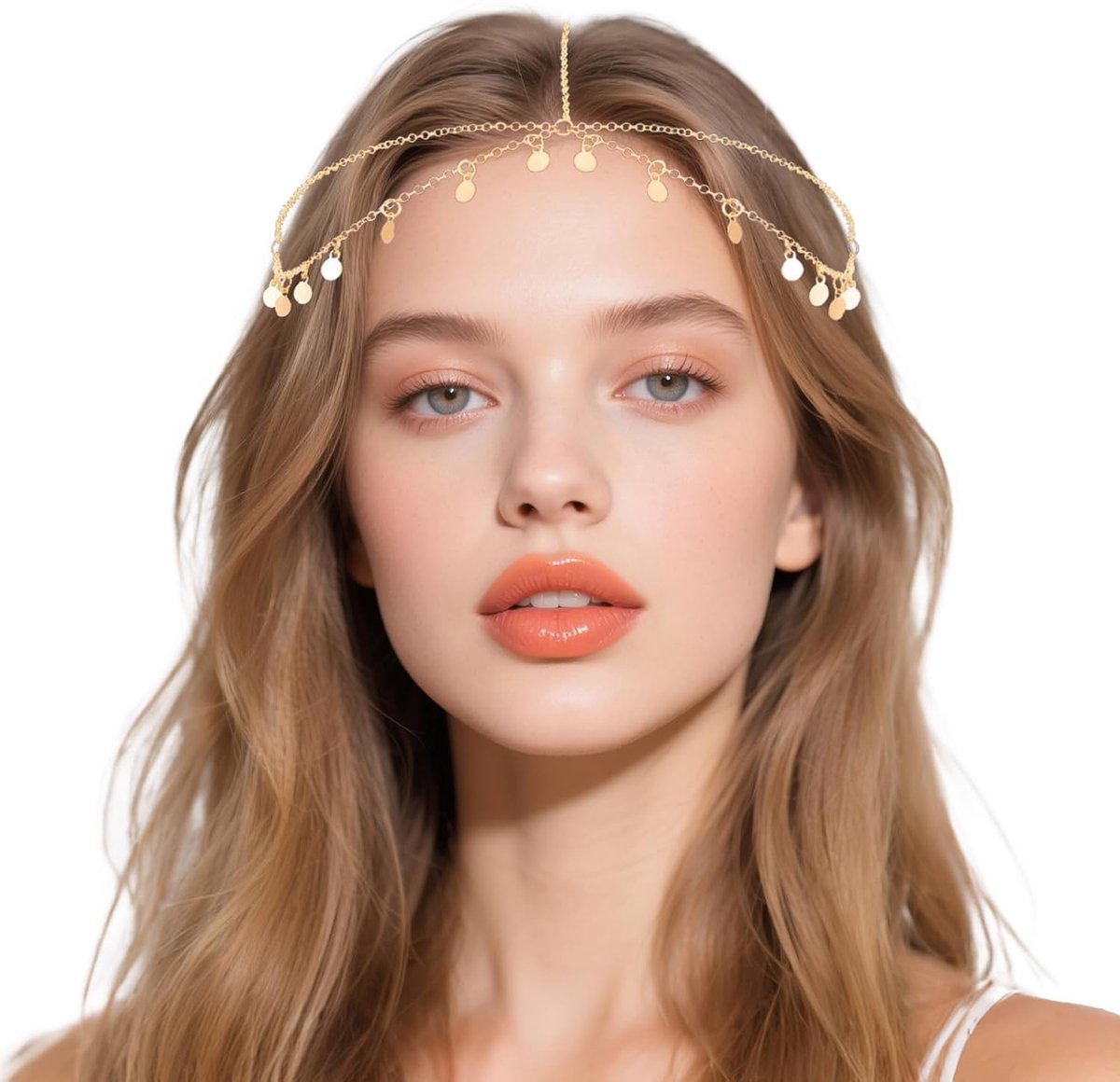 Boho Headband, Gold Hippie Oriental Headdress 53 cm, Sequins Boho Tassel Hair Chain, Fortune Teller Headdress Gold - ShopVlot