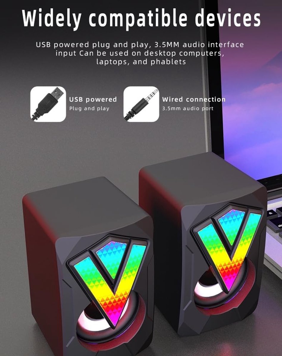 PC Speaker, USB Computer Speaker 2.0 Stereo Gaming Speaker with Cool LED Lights for PC Computer Desktop Notebook - ShopVlot