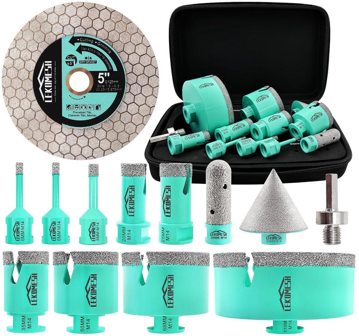 Tile Hole Cutting Set - 11 Pieces (6/6/8/25/35/50/68 mm + 10 mm Finger Drill + 50 mm Chamfer Drill + Adapter + - ShopVlot
