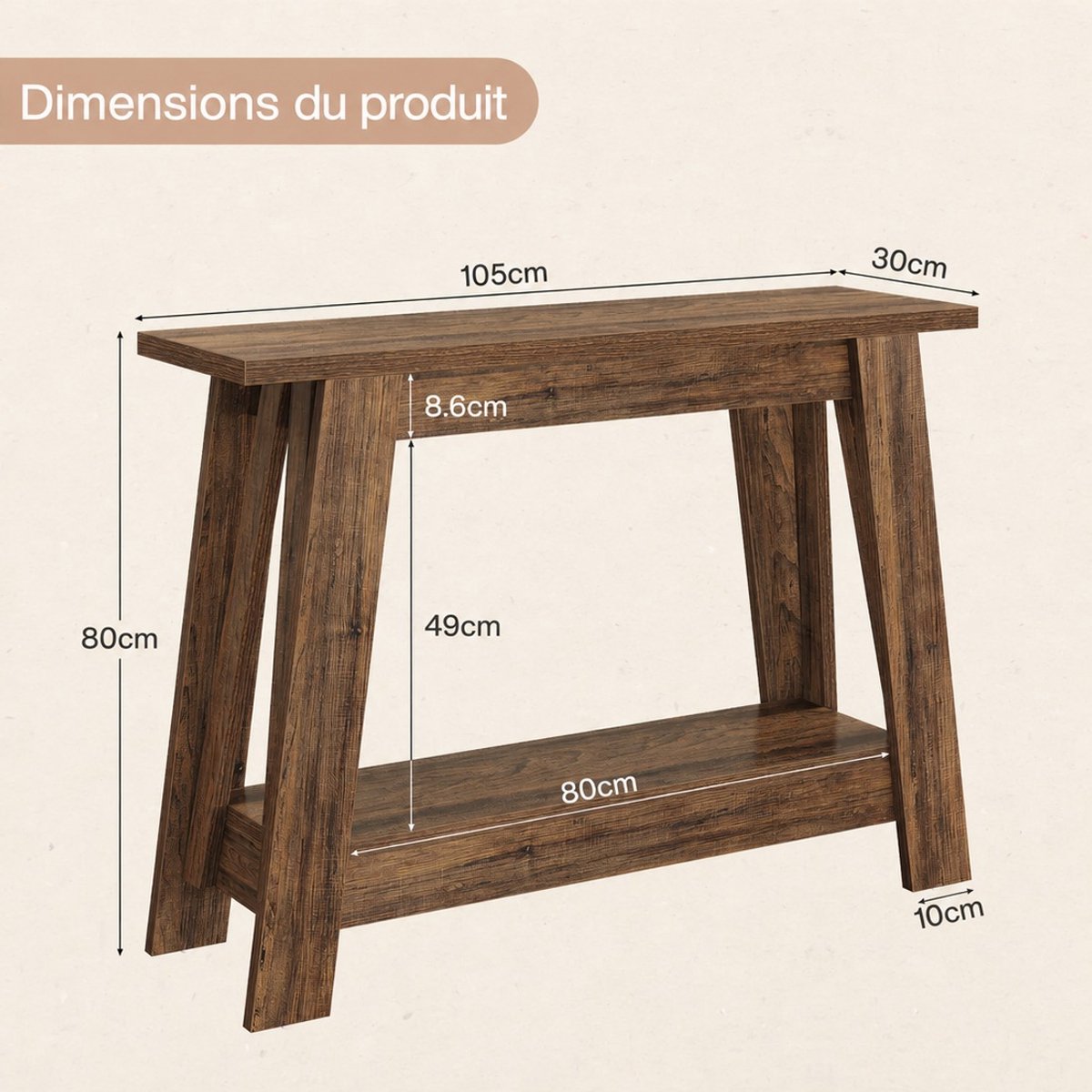 DESMIU Sidetable - Rustieke 2 Laags Haltafel Met Open Opbergruimte - Landelijke Look Voor Hal En Woonkamer - MDF - 105x30x80 Cm - Rustiek Bruin