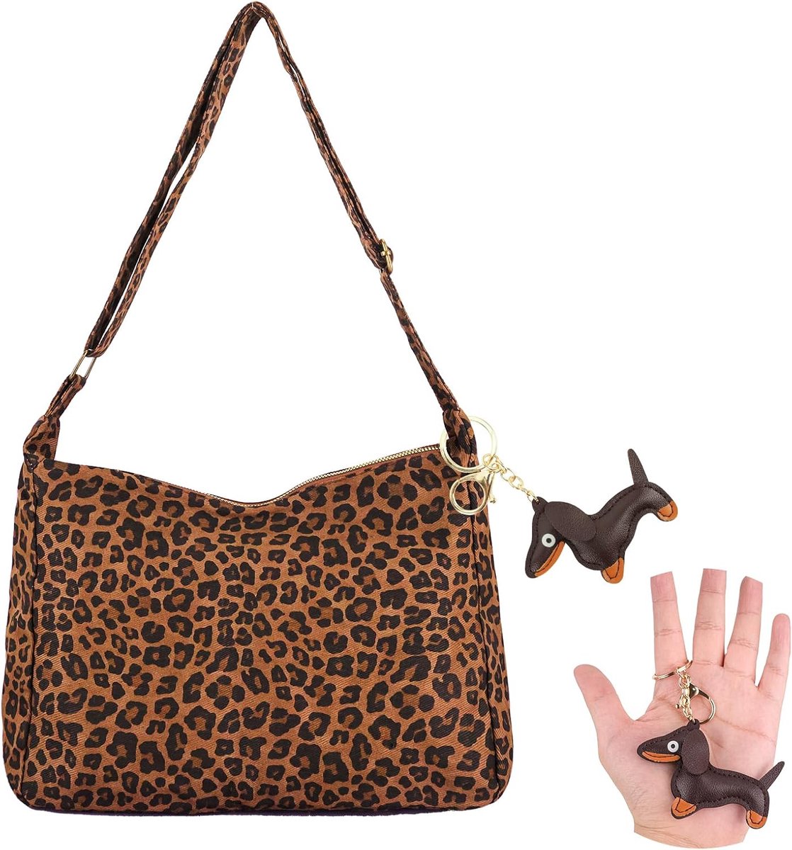 Schoudertas met Sleutelhanger - Grote Tote Tas - Halve Maanvorm - Leopard Print met Verstelbare Schouderband - ShopVlot