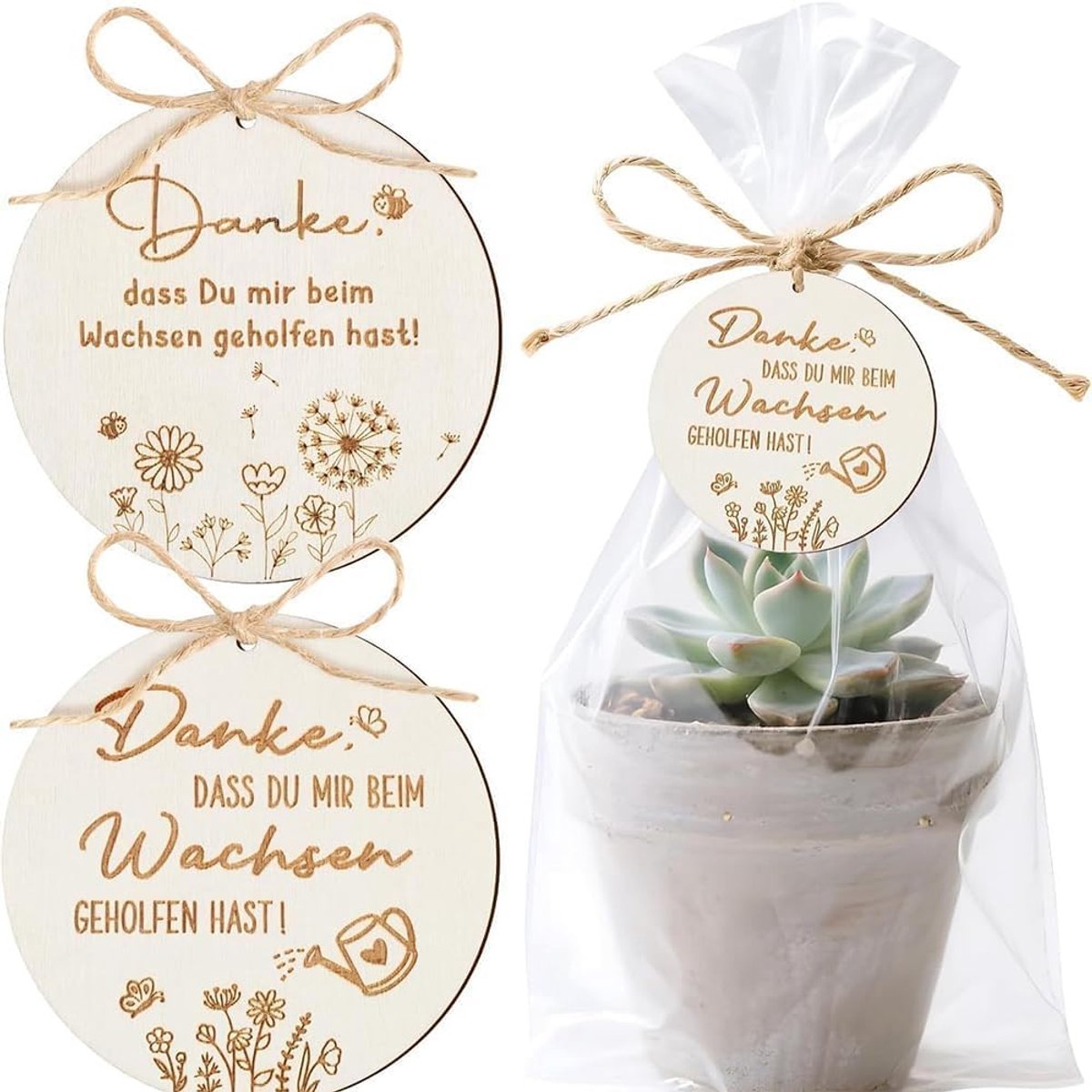 Plantenhangers 4 Stuks - Ronde Bedankhangers - Gegraveerde Tekst - Perfect Cadeau voor Juf of Meester - ShopVlot