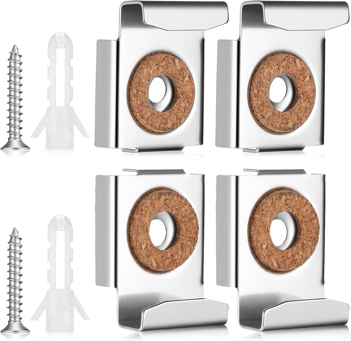 Set van 4 verstelbare spiegelhouders met pluggen en schroeven voor zware spiegels | Duurzame wandbevestiging met kurkonderlegger en veerbelaste clips