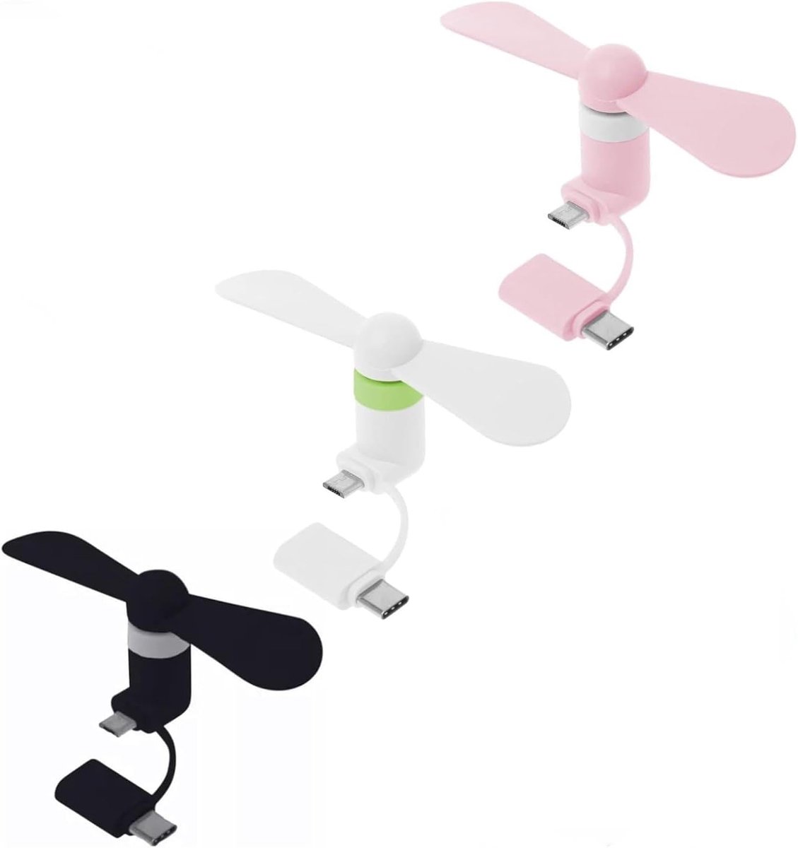 Mobiele telefoonventilator 3 stuks - 2-in-1 mini-ventilator - USB-aansluiting - stille koeling voor onderweg - ShopVlot