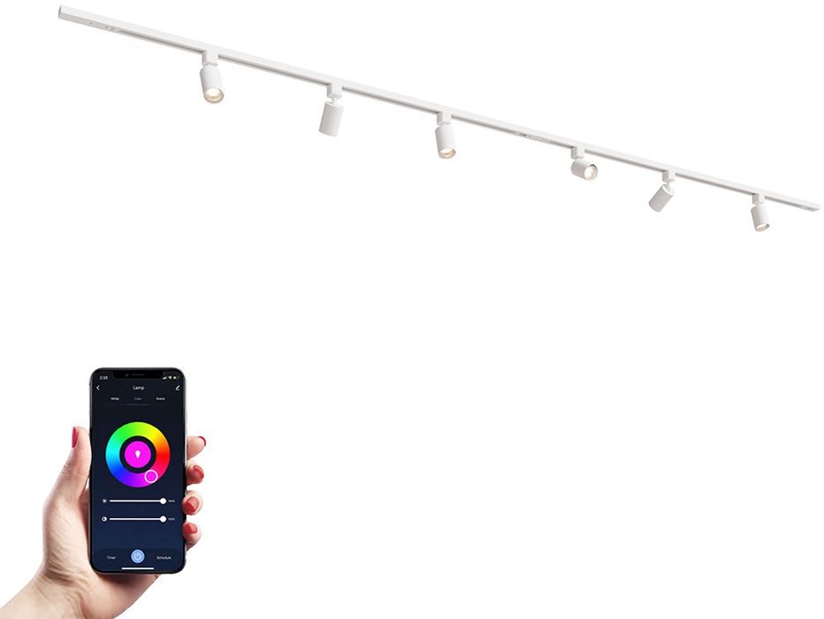 HOFTRONIC railverlichting pakket recht – 3 meter – 6 RGBWW GU10 railspots – dimbaar via app – aluminium wit – IP20 – modulair – 230V – slimme verlichting woonkamer keuken