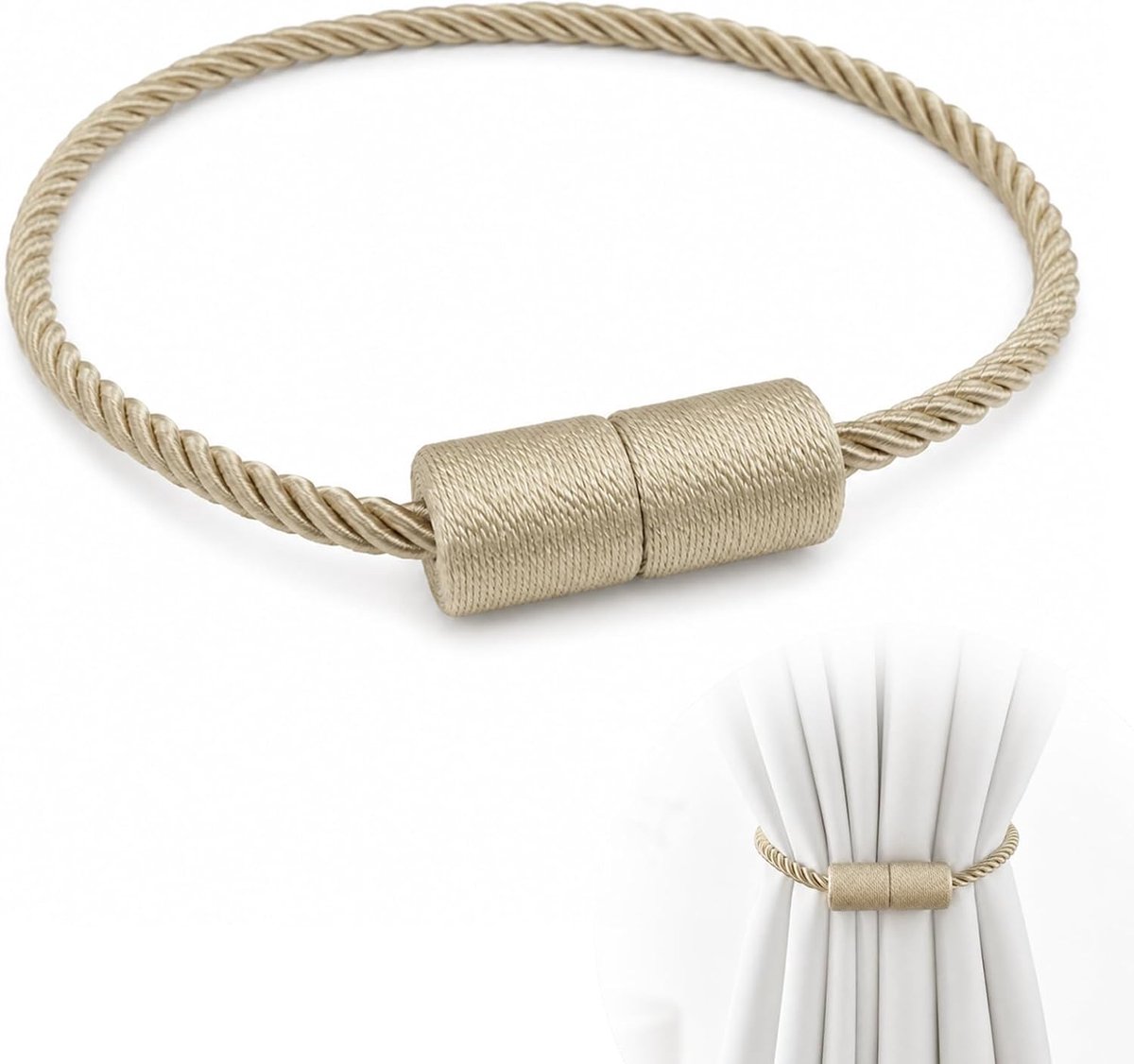 Zolara Magnetische gordijnbinders, nylon, gevlochten, beige, 48 cm, slaapkamer, kantoor en raamdecoratie, 2 stuks - ShopVlot
