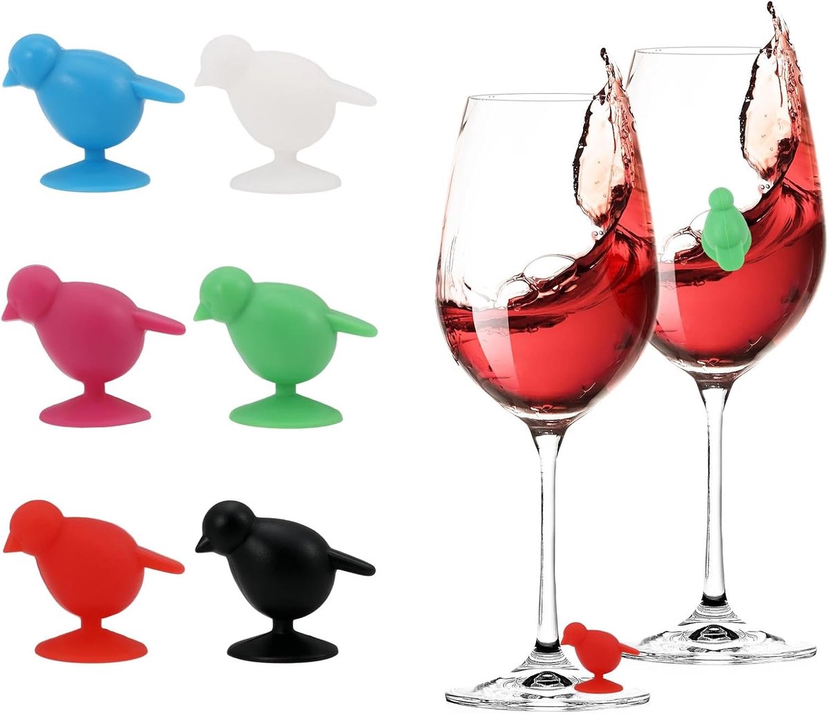 Siliconen wijnglazen vogelmarkeringen, 6 stuks, kleurrijk, herbruikbare drankbedels voor banket, bruiloft, feest, bar - ShopVlot